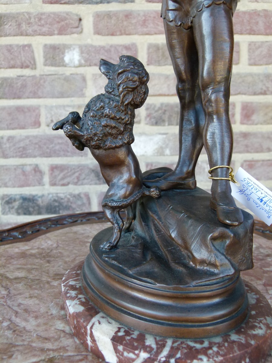 Napoleon III Sculpture by barey fils of a harlequin with a dancing poodle