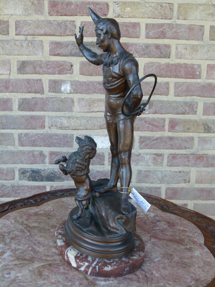 Napoleon III Sculpture by barey fils of a harlequin with a dancing poodle