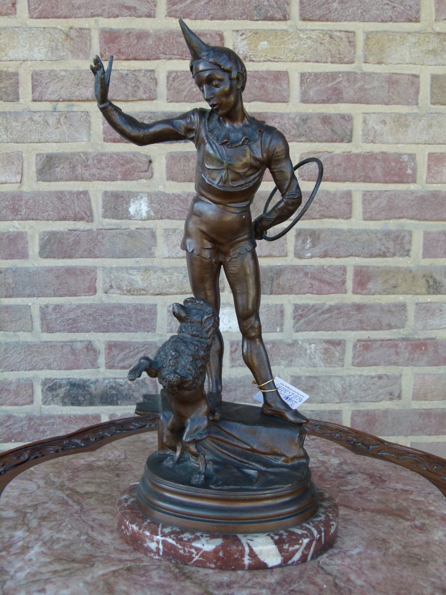 Napoleon III Sculpture by barey fils of a harlequin with a dancing poodle