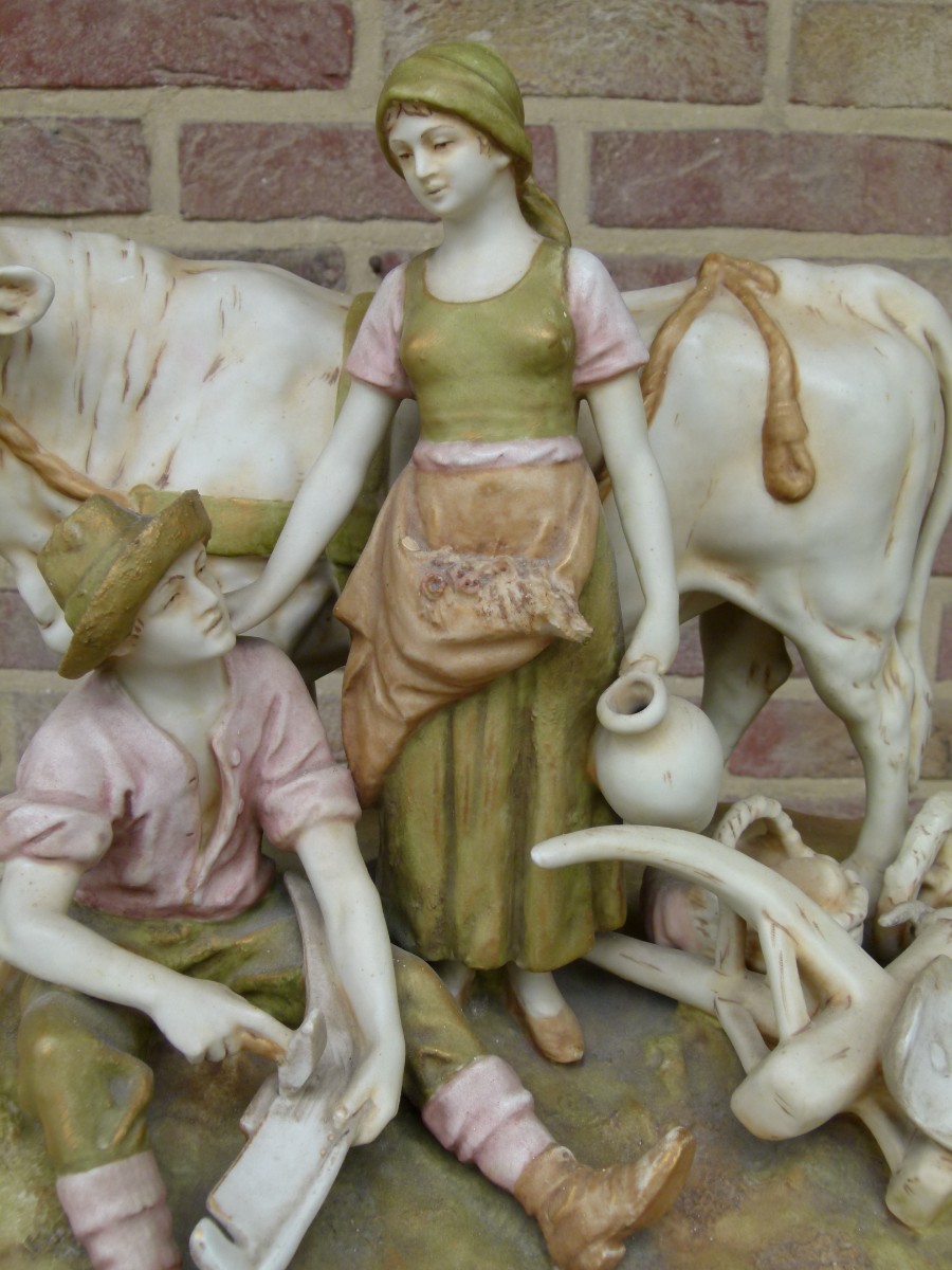Belle epque Royal dux sculpture of farmers and cow