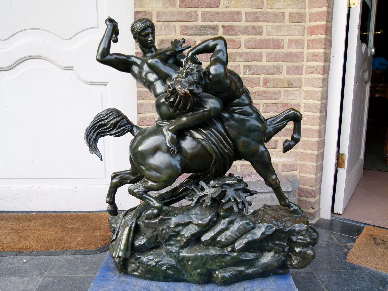 Sculpture by Barye of Theseus fighting centaur Bianor with foundry stamp F.Barbedienne