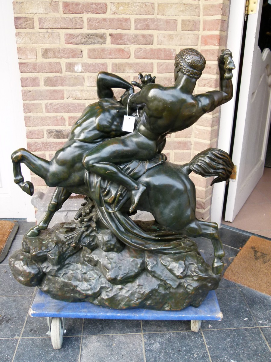 Sculpture by Barye of Theseus fighting centaur Bianor with foundry stamp F.Barbedienne