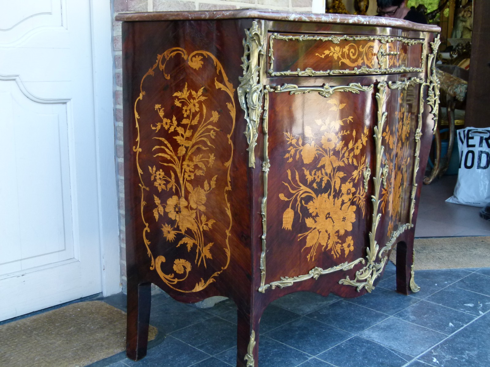 Napoleon III Two door cabinet with flower marquetry and red marble top