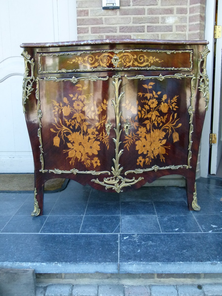 Napoleon III Two door cabinet with flower marquetry and red marble top