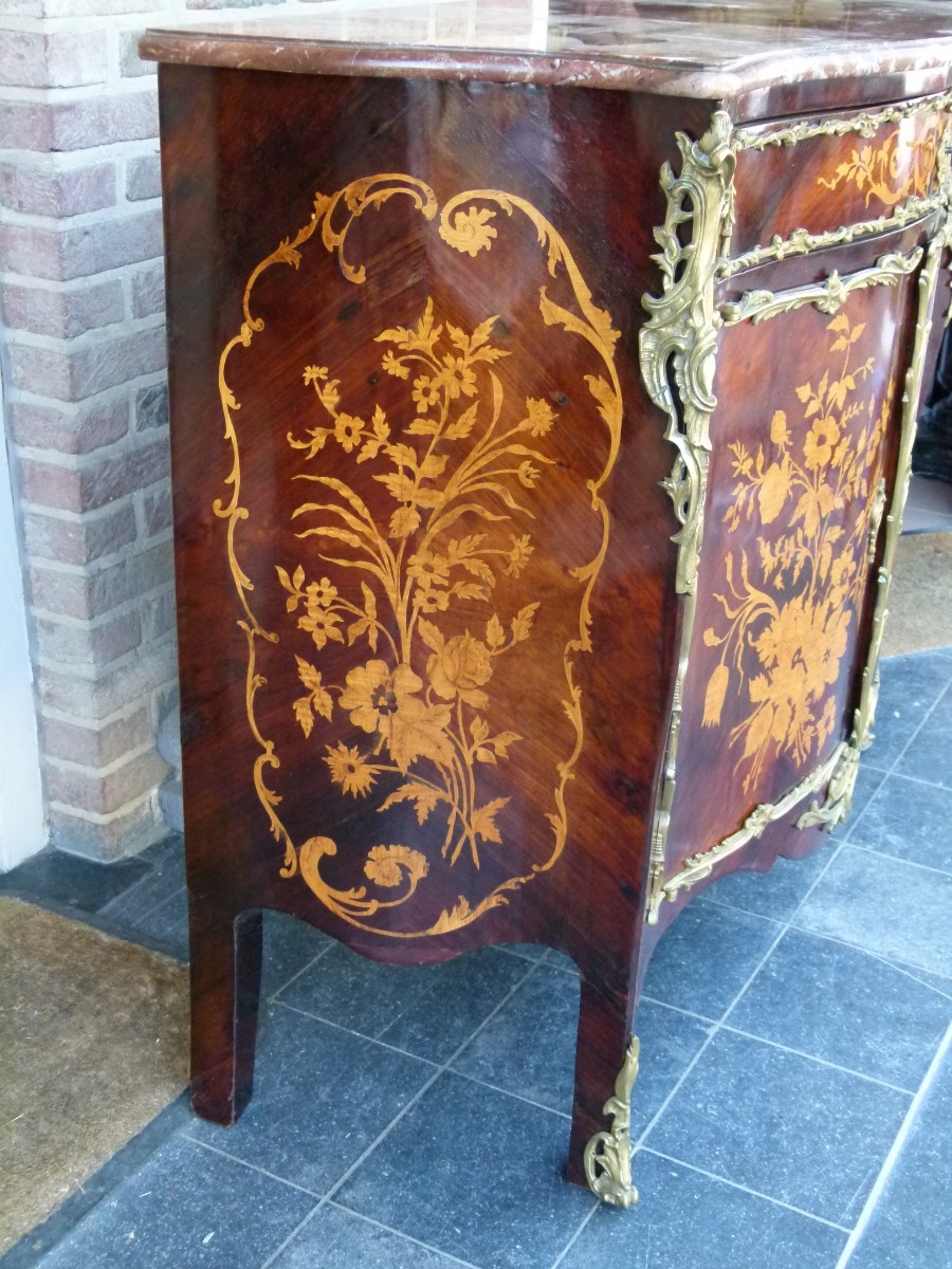 Napoleon III Two door cabinet with flower marquetry and red marble top