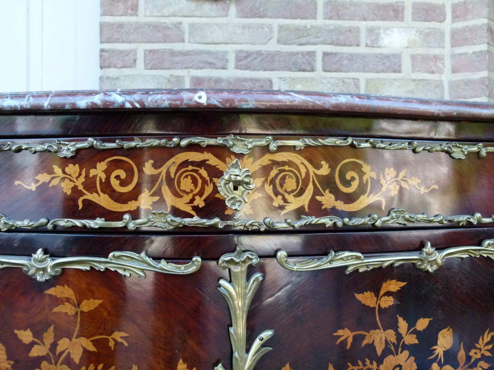 Napoleon III Two door cabinet with flower marquetry and red marble top