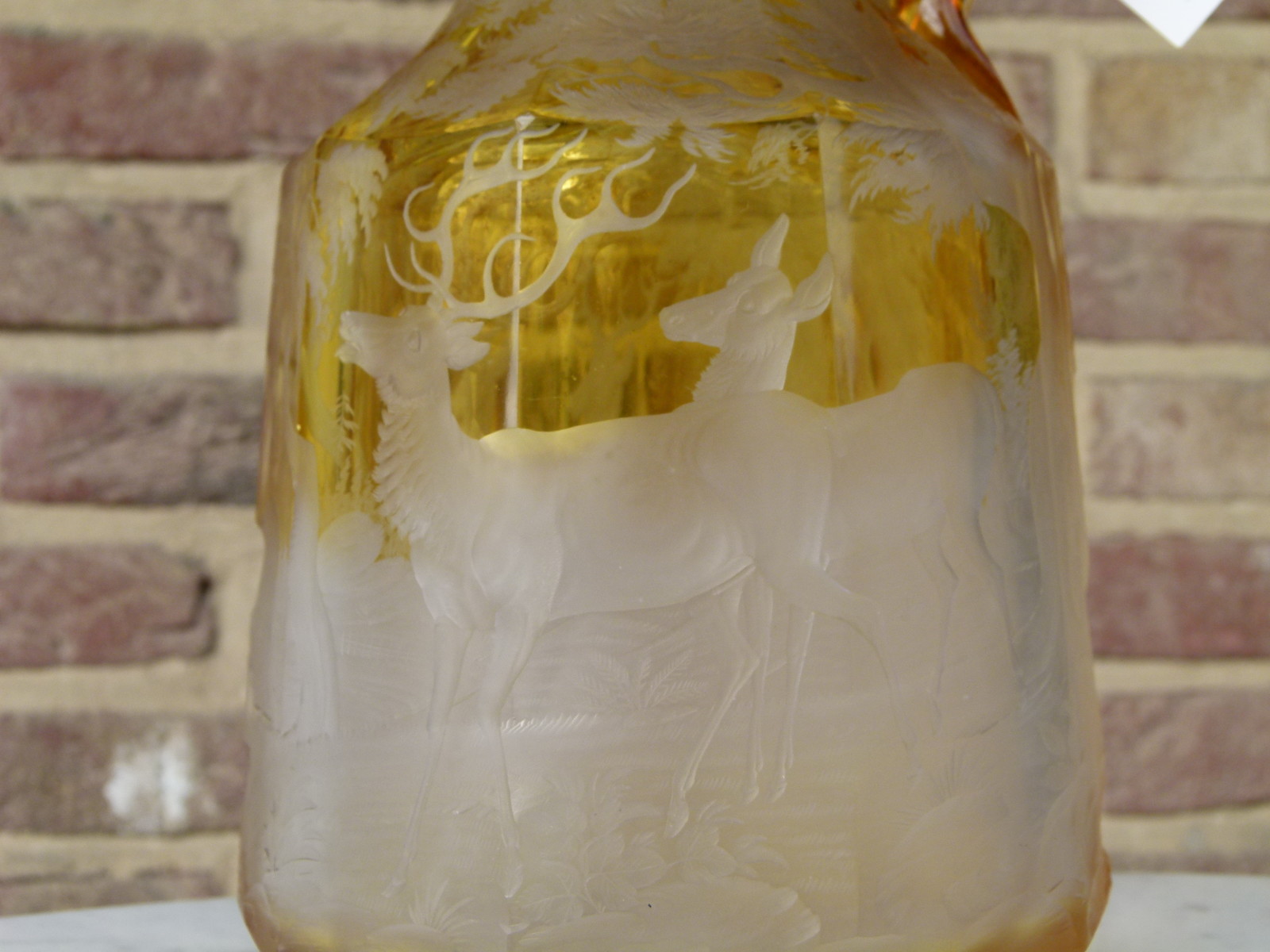 Bohemian engraved glass jar with deers