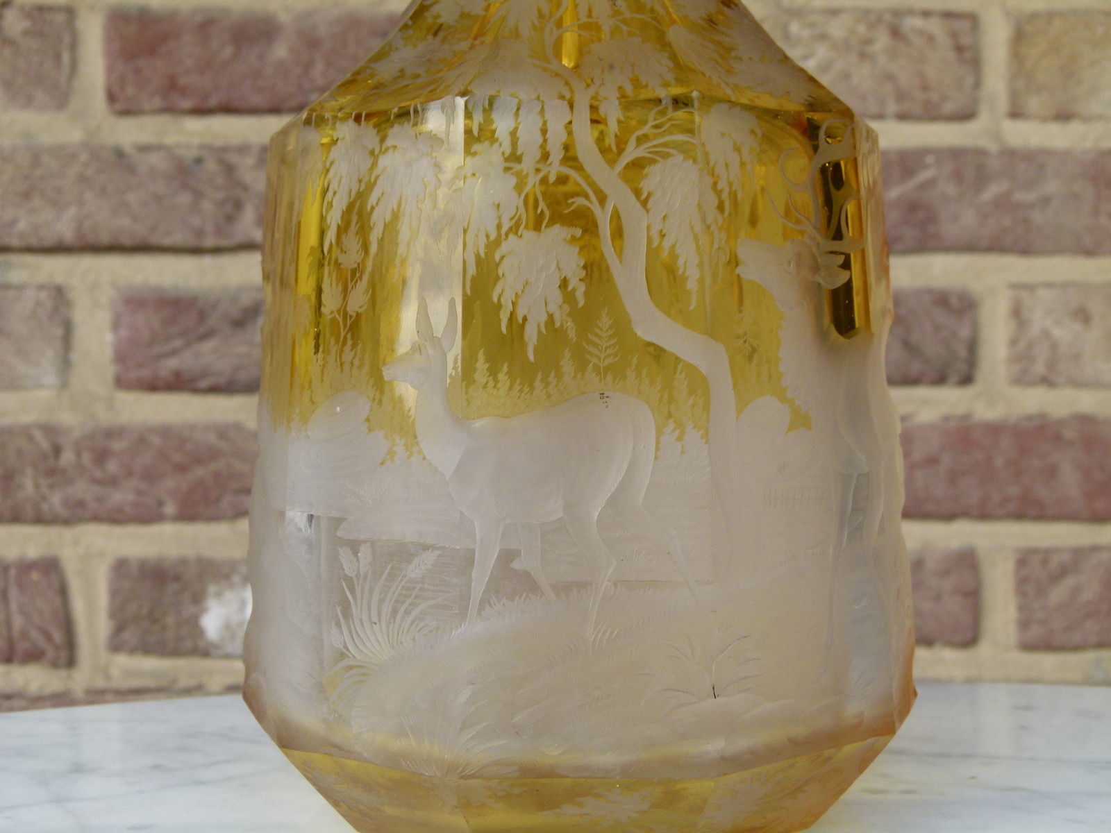 Bohemian engraved glass jar with deers