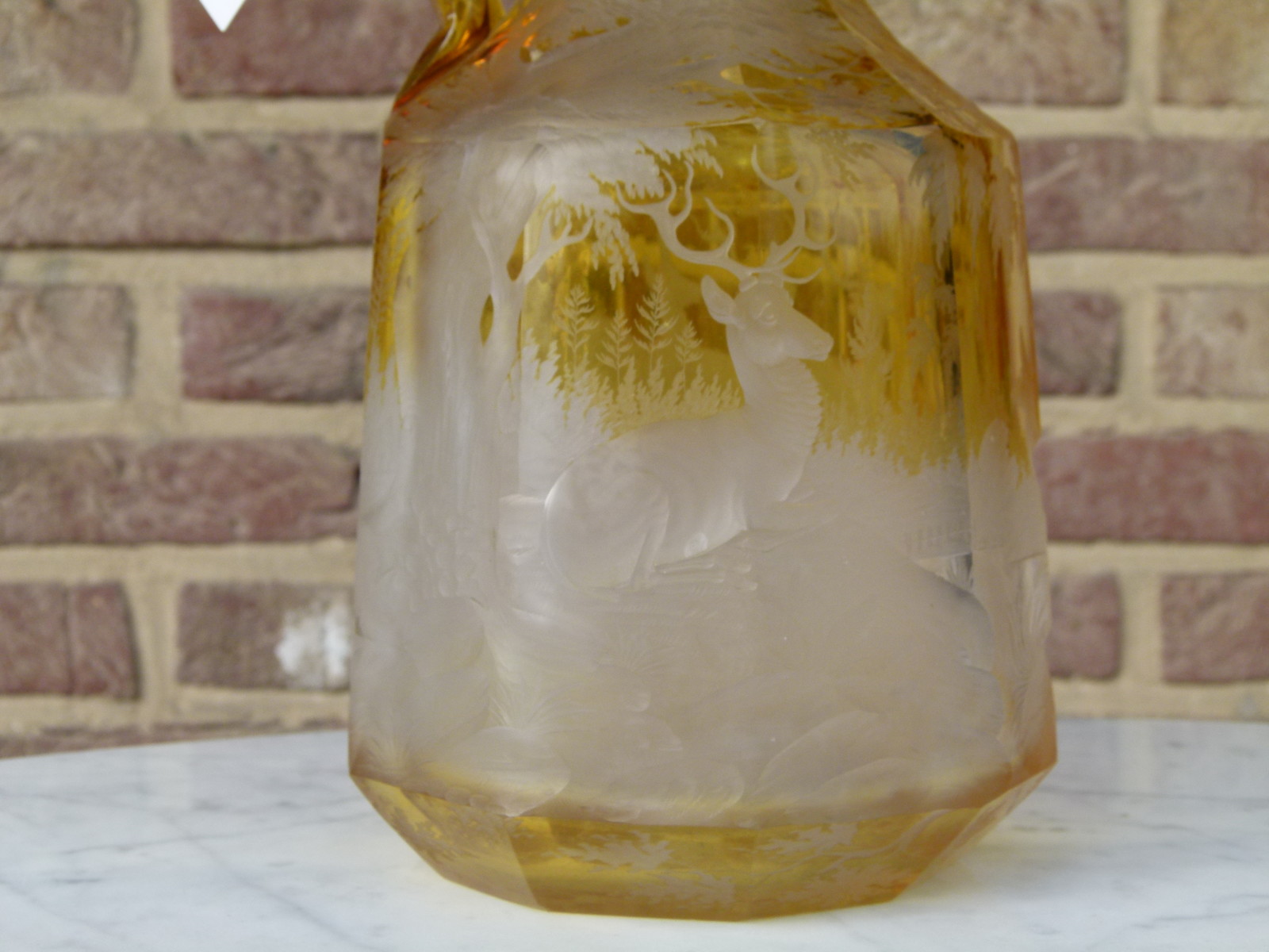 Bohemian engraved glass jar with deers