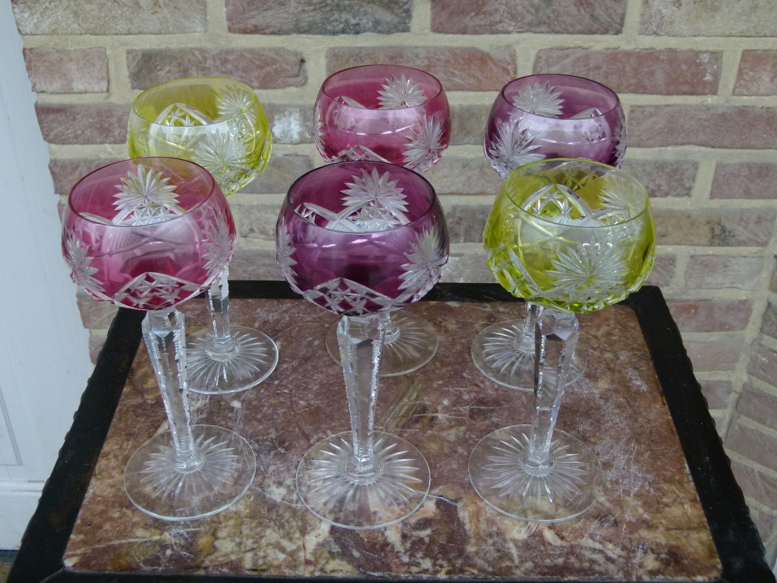 Bell epoque 6 hand cut Val Saint Lambert  VSL crystal glasses in different colors
