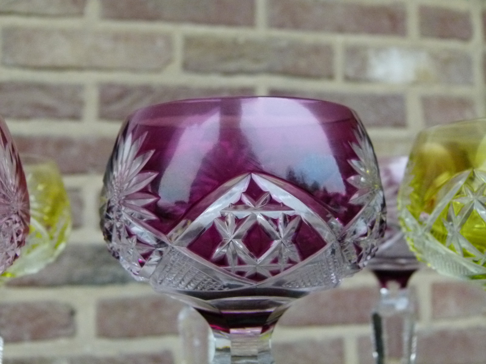 Bell epoque 6 hand cut Val Saint Lambert  VSL crystal glasses in different colors