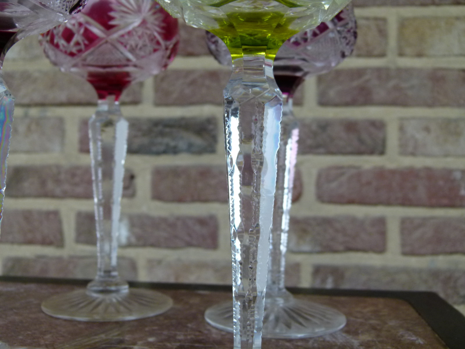 Bell epoque 6 hand cut Val Saint Lambert  VSL crystal glasses in different colors