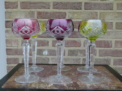 Bell epoque 6 hand cut Val Saint Lambert  VSL crystal glasses in different colors