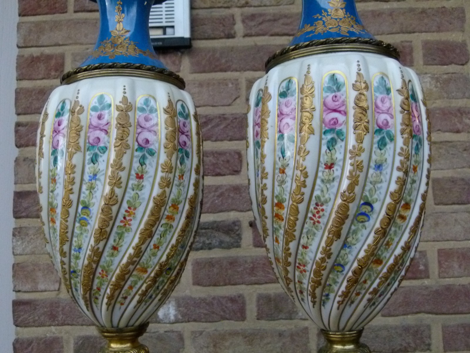 Napoleon III Pair light blue vases with flower decorations