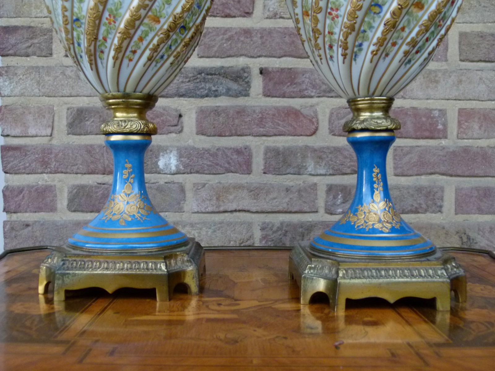 Napoleon III Pair light blue vases with flower decorations