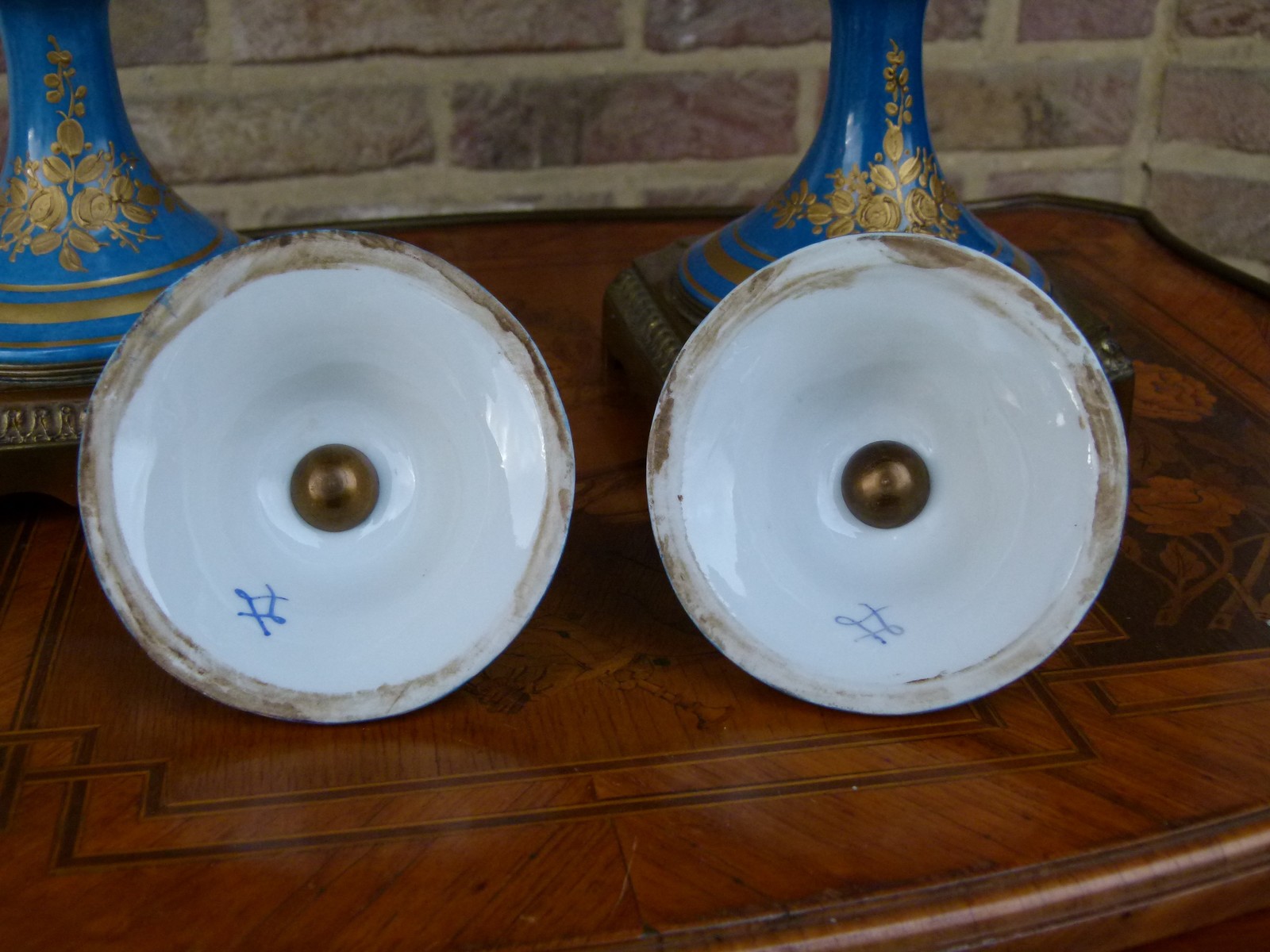 Napoleon III Pair light blue vases with flower decorations