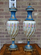 Napoleon III Pair light blue vases with flower decorations