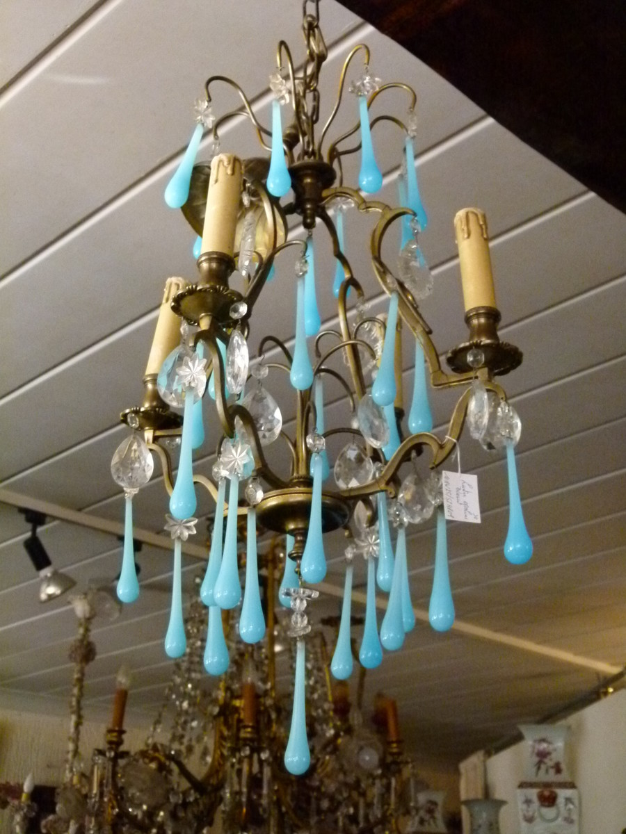 Bell epoque Lamp with blue opaline drops