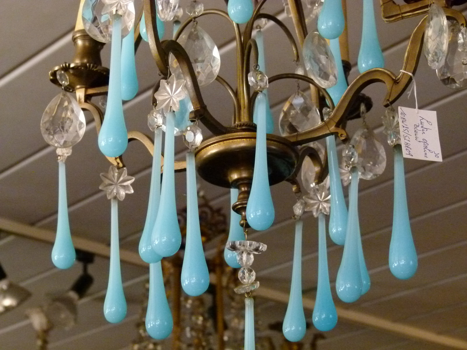 Bell epoque Lamp with blue opaline drops