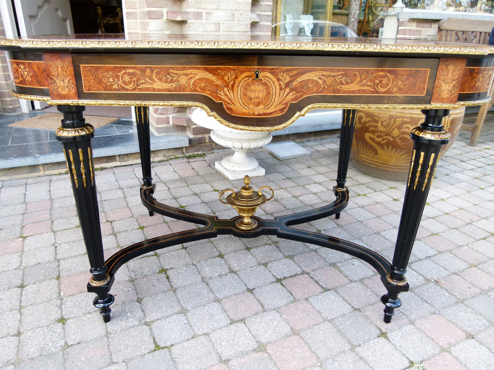 Louis 16 Napoleon 3 Desk table with flower marquetry and gilded bronzes
