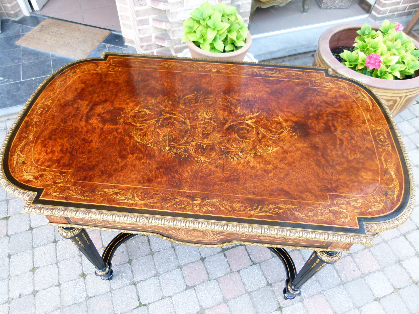 Louis 16 Napoleon 3 Desk table with flower marquetry and gilded bronzes